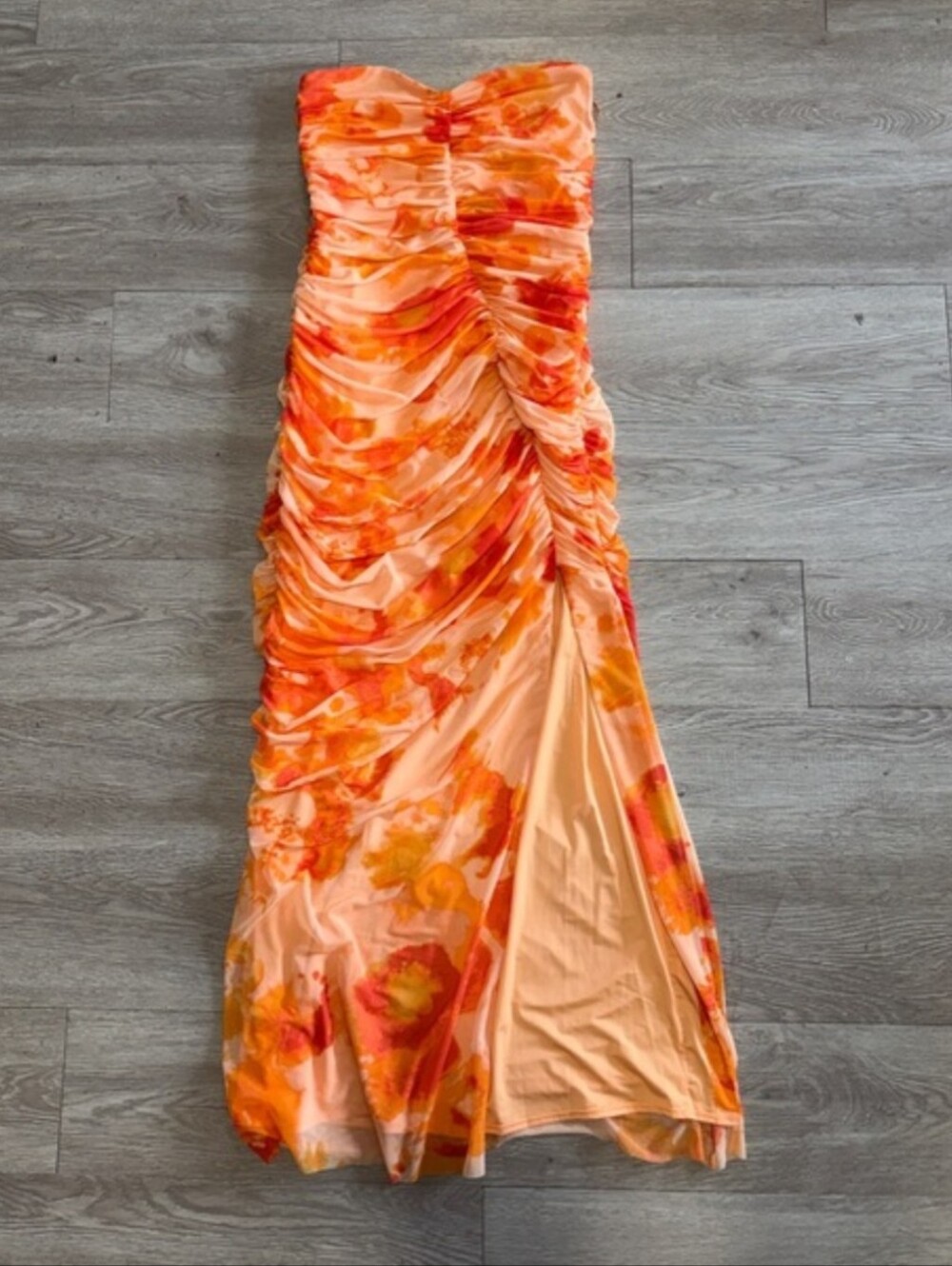 NWT Abercrombie & Fitch Strapless Ruched Orange Floral Midi Dress Size Small